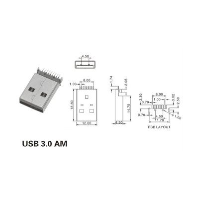 Штекер USB 3.0, AM для флешки, монтажний на плату, USB-3AM-2