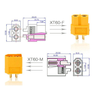 З'єднувач проводів 2pin, XT60, 60A, комплект (штекер і гніздо)