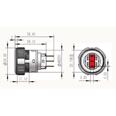 Кнопка без фіксації L22F-11M-A, IP67, 3pin, ON-(ON), пластик, червона