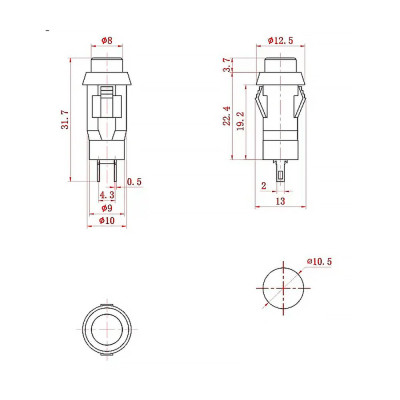 Кнопка без фіксації DS-213K, 10мм, OFF-(ON), 2pin, пластик, червона