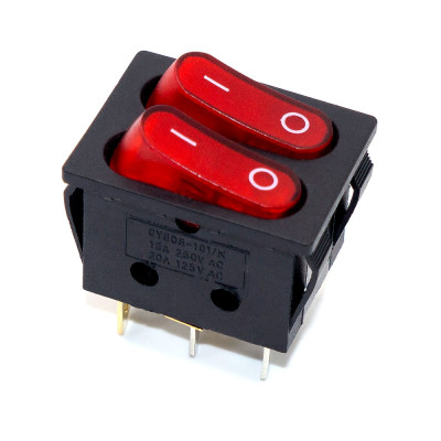 Перемикач клавішний подвійний KCD2-5-2101N, 15A, 6pin, підсвічування 220V, червоний