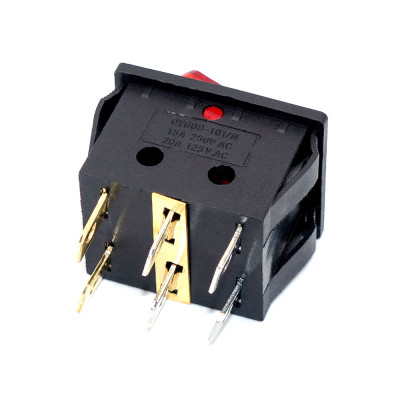 Перемикач клавішний подвійний KCD2-5-2101N, 15A, 6pin, підсвічування 220V, червоний