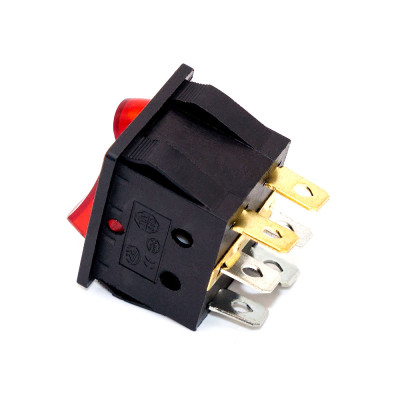 Перемикач клавішний подвійний KCD2-5-2101N, 15A, 6pin, підсвічування 220V, червоний