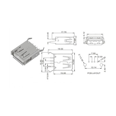 Гніздо USB / AF, монтажне, прямі контакти, USB-2AF-2