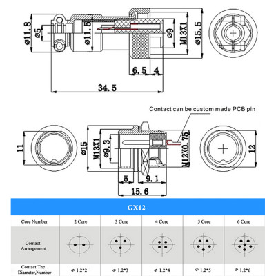Разъём DC, комплект питания GX12 (штекер + гнездо), 3pin, 12мм
