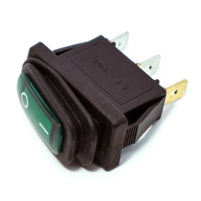 Переключатель узкий 10мм, KCD3-101NW, IP45, подсветка 12V, 3pin, Green