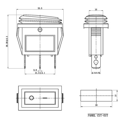 Переключатель узкий 10мм, KCD3-101NW, IP45, подсветка 12V, 3pin, Green