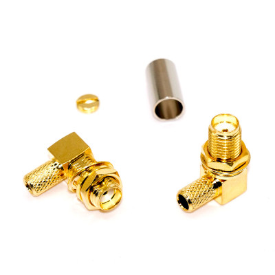 Гніздо SMA (female) standard кутове, обтискне (кабель RG-58), з гайкою, gold