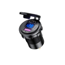 Автомобільна зарядка, гніздо USB (QC3.0) + TYPE C (PD), VOLTMETER, монтаж 29мм, кнопка, LED Blue