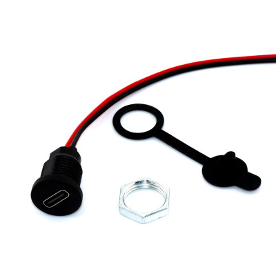 Разъём USB type C, гнездо type-C 2pin, монтажное Ø11мм, гайка, кабель 24AWG