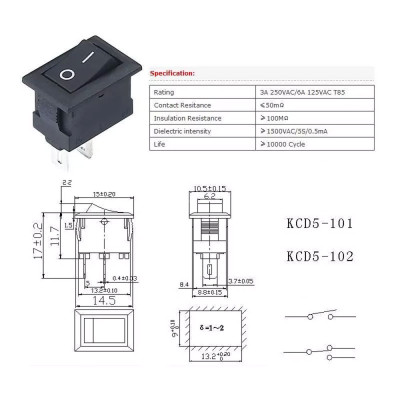 Переключатель клавишный мини KDC5-101 малый, 3А, 2pin, ON-OFF, black